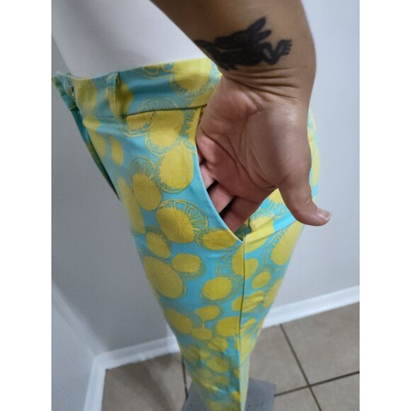 David Brooks High-Waisted Blue Yellow Lemon Print Pants 8 - Picture 6 of 12